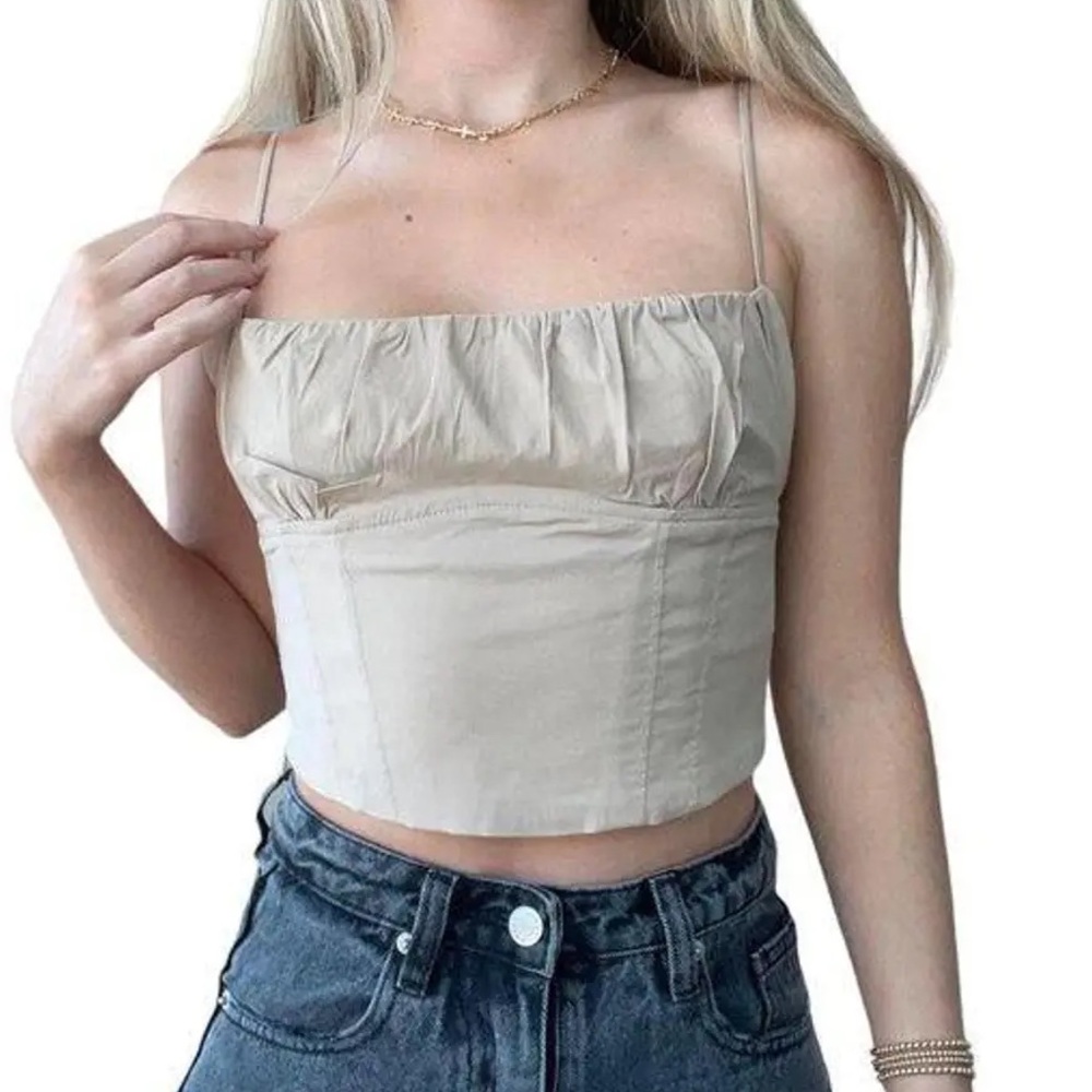 ZARA Cropped Tank Top Ruched Corset Style Square Neck Khaki Brown